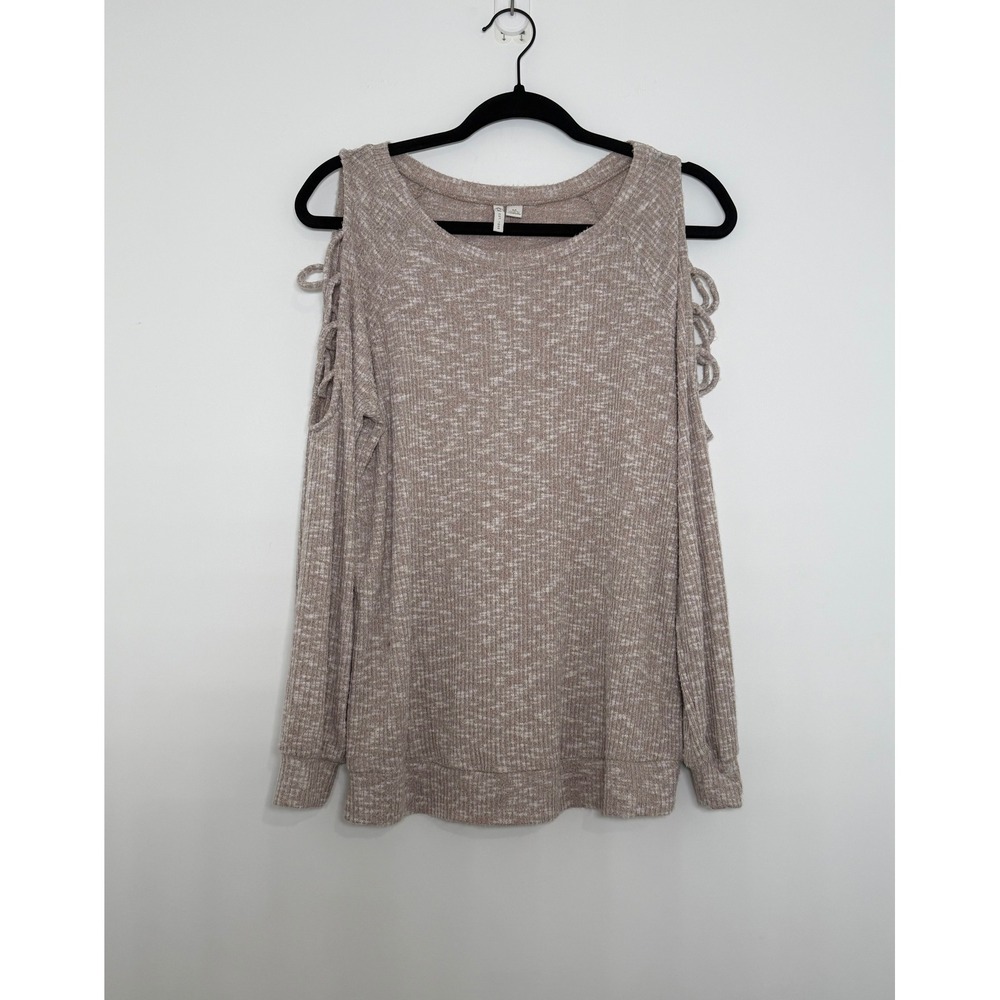 Cato Women's M Taupe Cold Shoulder Lace Up Sleeve Knit Top